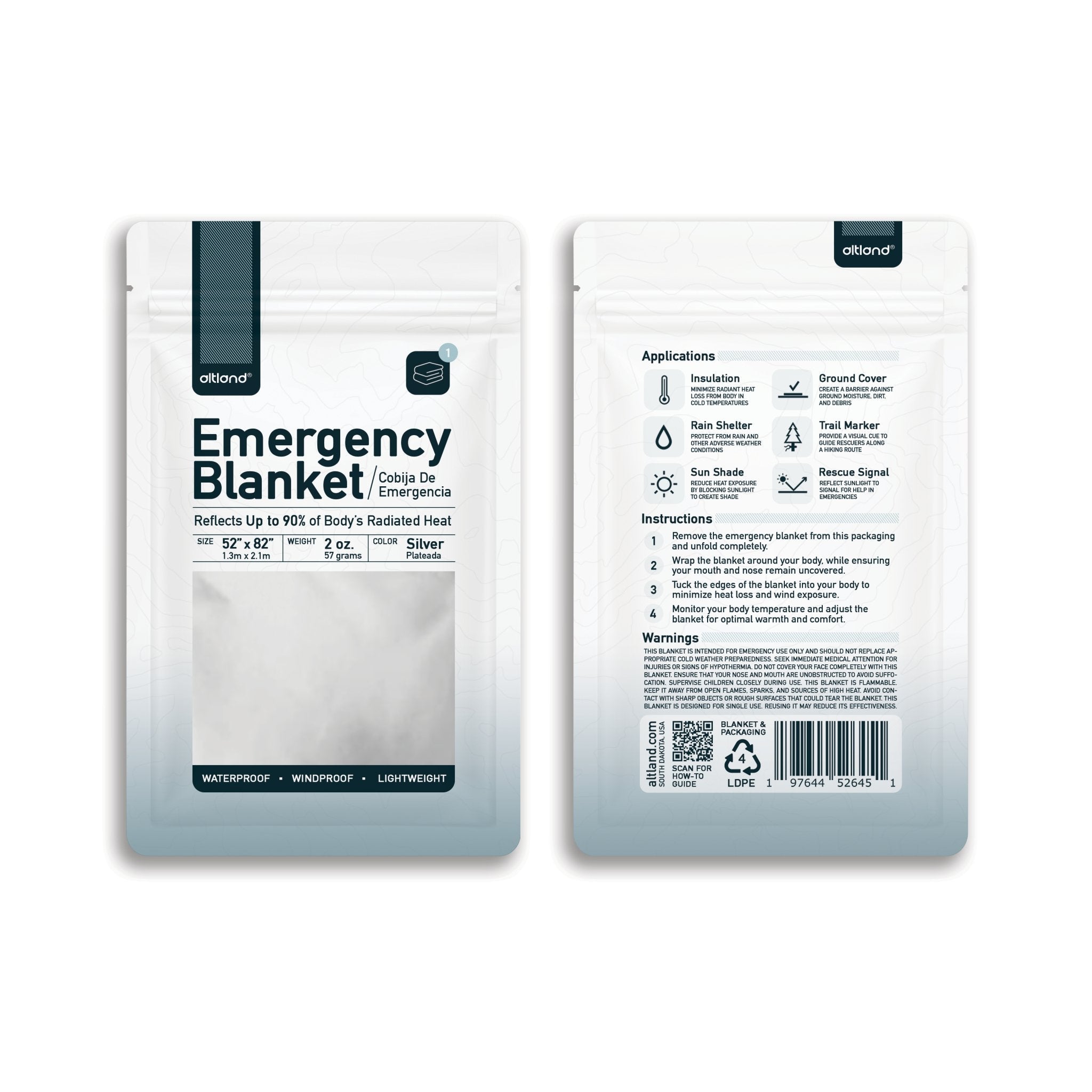 4-pack of silver reflective emergency blankets, folded waterproof thermal foil in clear resealable packaging. — view 3