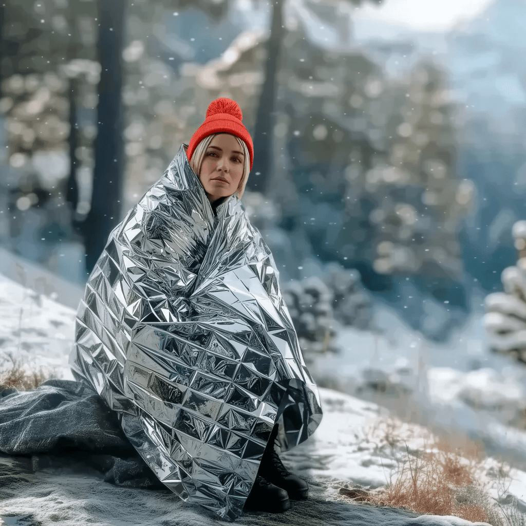 4-pack of silver reflective emergency blankets, folded waterproof thermal foil in clear resealable packaging. — view 5