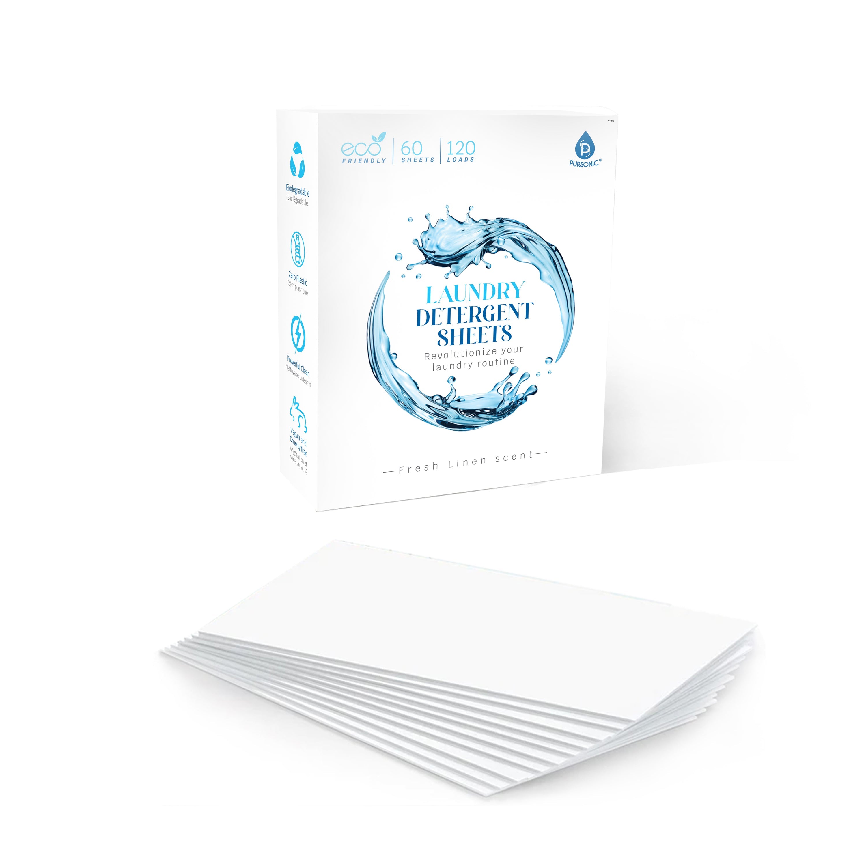 Natural eco friendly laundry detergent sheets in fresh linen scent arranged next to clean folded clothes — view 2