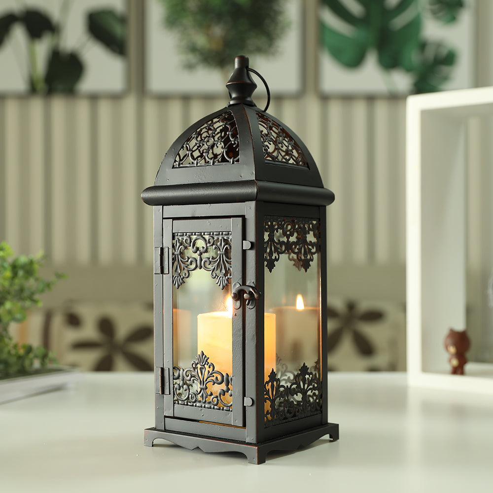 Black 15-inch vintage decorative candle lantern with red brush strokes and metal hanging ring. — view 2