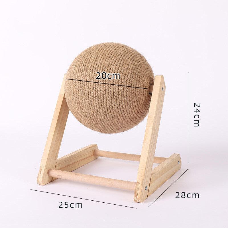 Wooden cat scratcher toy with natural sisal rope spinning ball on a solid wood frame — view 4