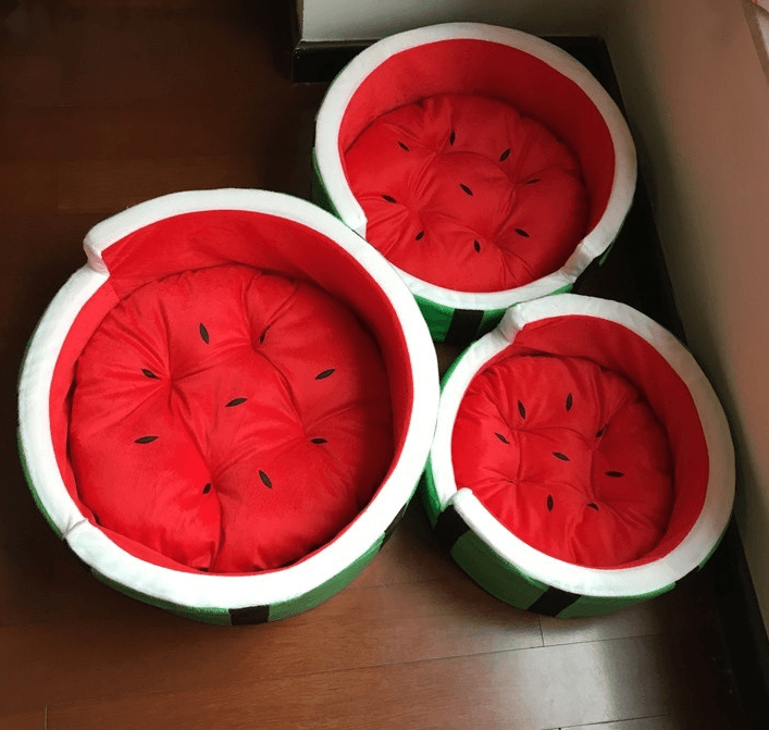 Juicy oasis pet bed in vibrant red and green watermelon design made of plush cotton — view 5