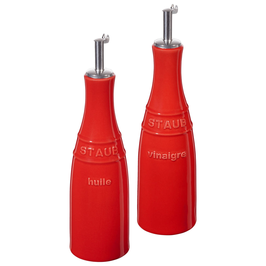 Cherry red STAUB ceramic oil and vinegar set with precision pouring spouts and protective caps