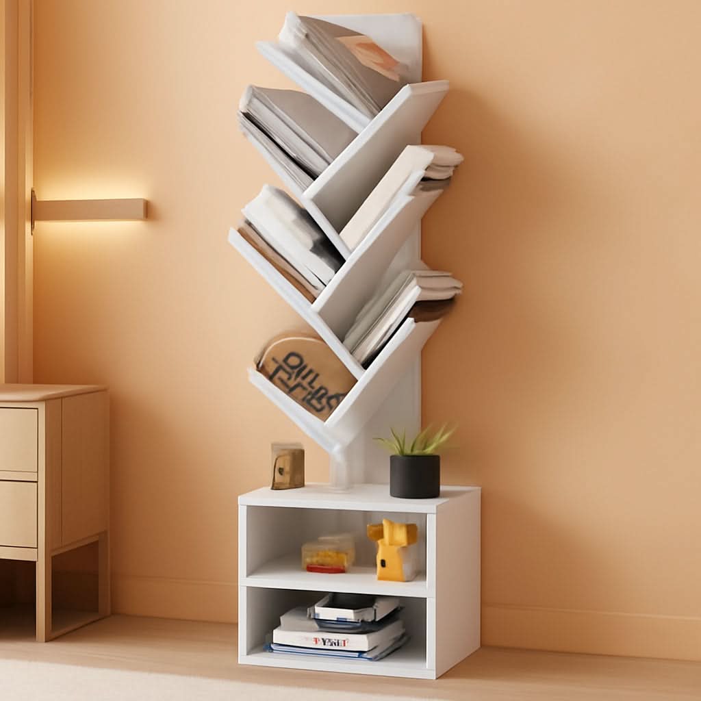 White 6-tier tree bookshelf with storage cabinets, narrow floor-standing bookcase for living rooms.