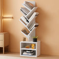 White 6-tier tree bookshelf with bottom storage cabinet, displaying books in a modern home office.