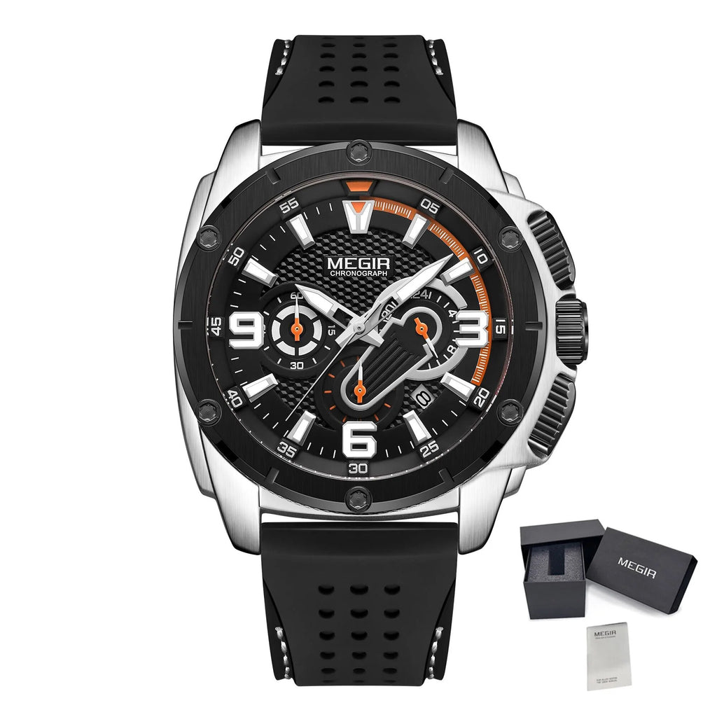 MEGIR Mens Watches Top Brand Luxury Silicone Sports Military Watch Waterproof Quartz Clock Men Chronograph Man Wristwatch 2147-15