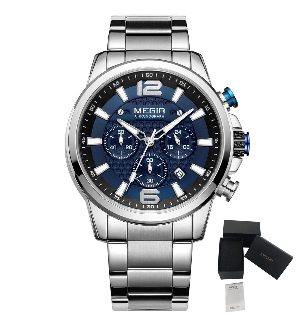 MEGIR Luxury Business Men Watch Fashion Quartz Sport Chronograph Luminous Waterproof Calendar Stainless Steel Male Wristwatch 2156-20