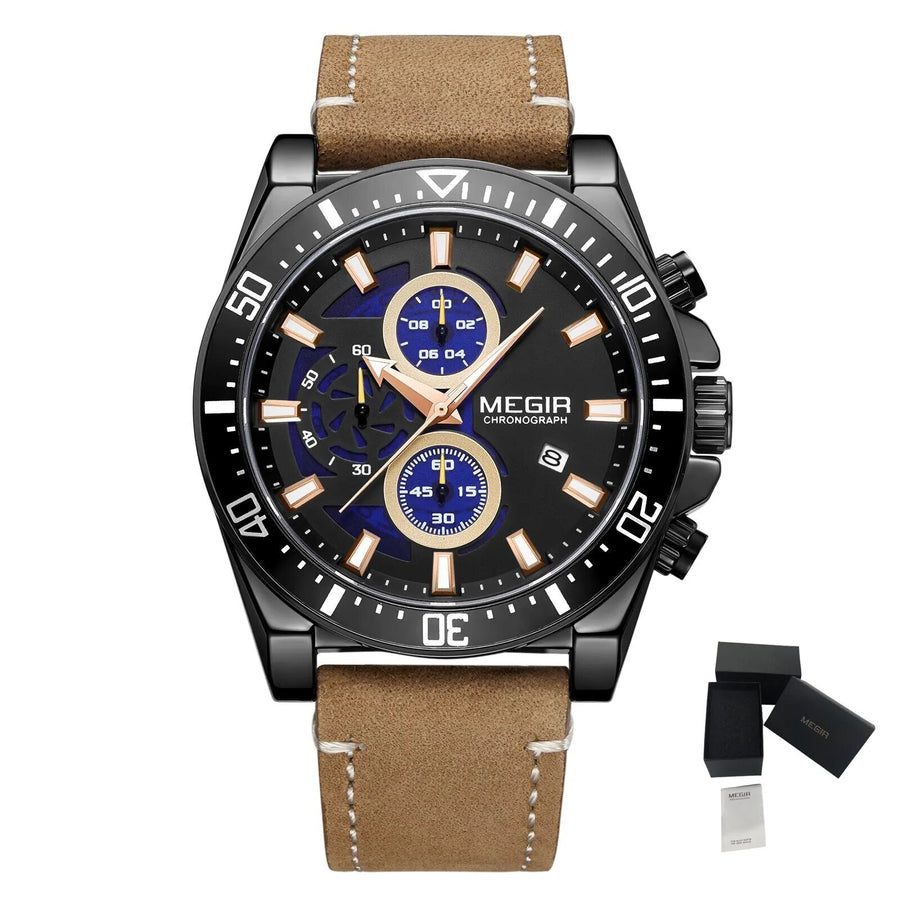 MEGIR Fashion Watches for Men Leather Strap Sport Military Wristwatch Man Quartz Watch Waterproof Chronograph with Calendar 2132