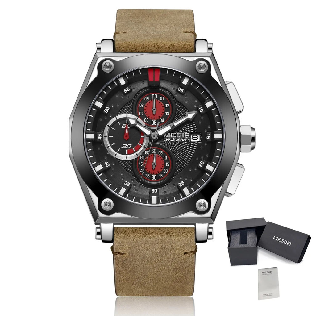 MEGIR Luxury Quartz Men Watch Multifunction Leather Strap Sport Chronograph Waterproof Man Wristwatch Clock Montre Homme 2098-14