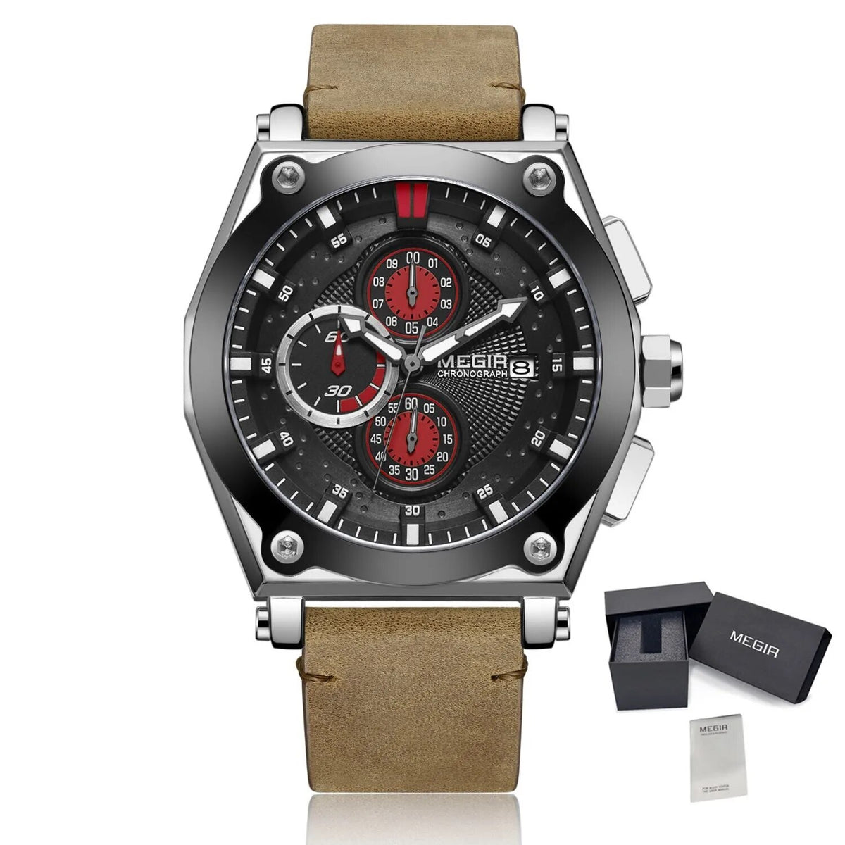 MEGIR Luxury Quartz Men Watch Multifunction Leather Strap Sport Chronograph Waterproof Man Wristwatch Clock Montre Homme 2098-14