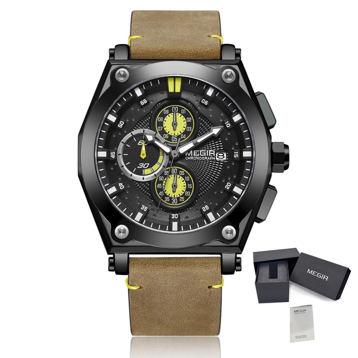 MEGIR Luxury Quartz Men Watch Multifunction Leather Strap Sport Chronograph Waterproof Man Wristwatch Clock Montre Homme 2098-16