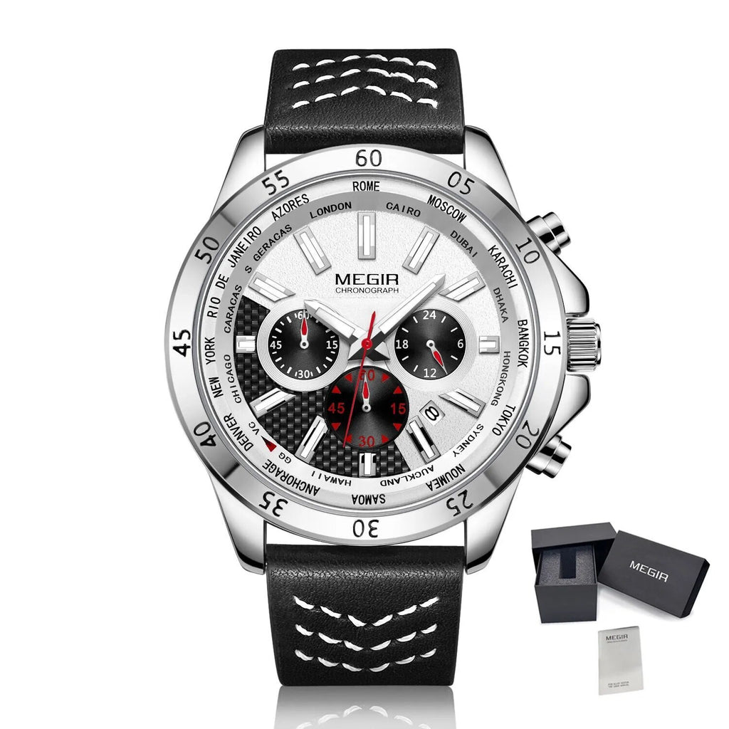 MEGIR Men Sport Watch Luxury Leather Strap Casual Quartz Chronograph Waterproof Luminous Male Wristwatch Relogio Masculino 2103-14