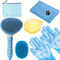 Blue 6-piece dog bath brush grooming kit with shedding brush, washing gloves, and soft drying towel