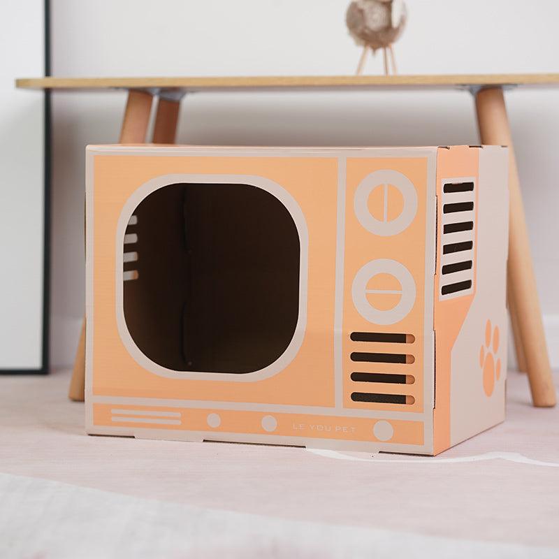 Retro radio style cat scratcher with corrugated cardboard and integrated hidden cat litter compartment