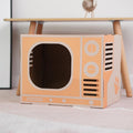 Retro radio style cat scratcher with corrugated cardboard and integrated hidden cat litter compartment