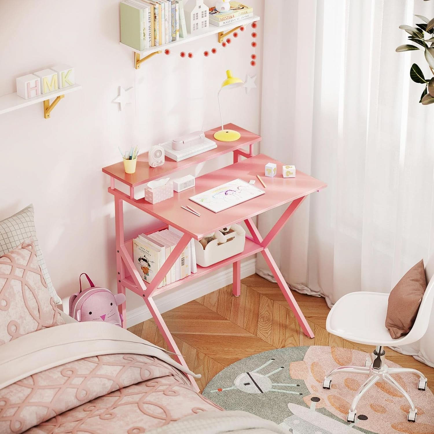 Compact 27.5-inch pink computer desk with elevated monitor stand and lower storage shelf — view 5