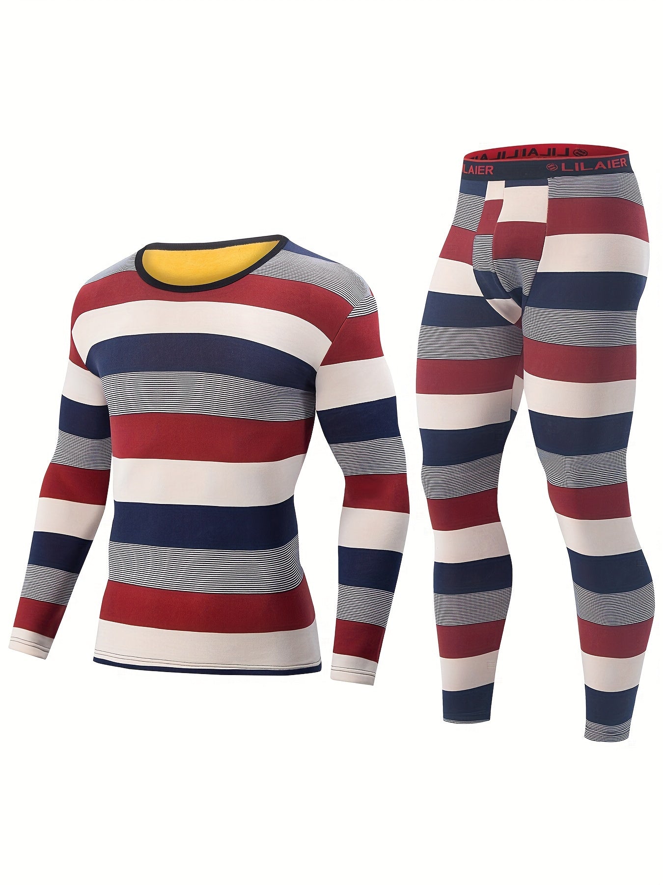 Men's black and striped 4-piece winter thermal ski underwear set with crew neck top and pants
