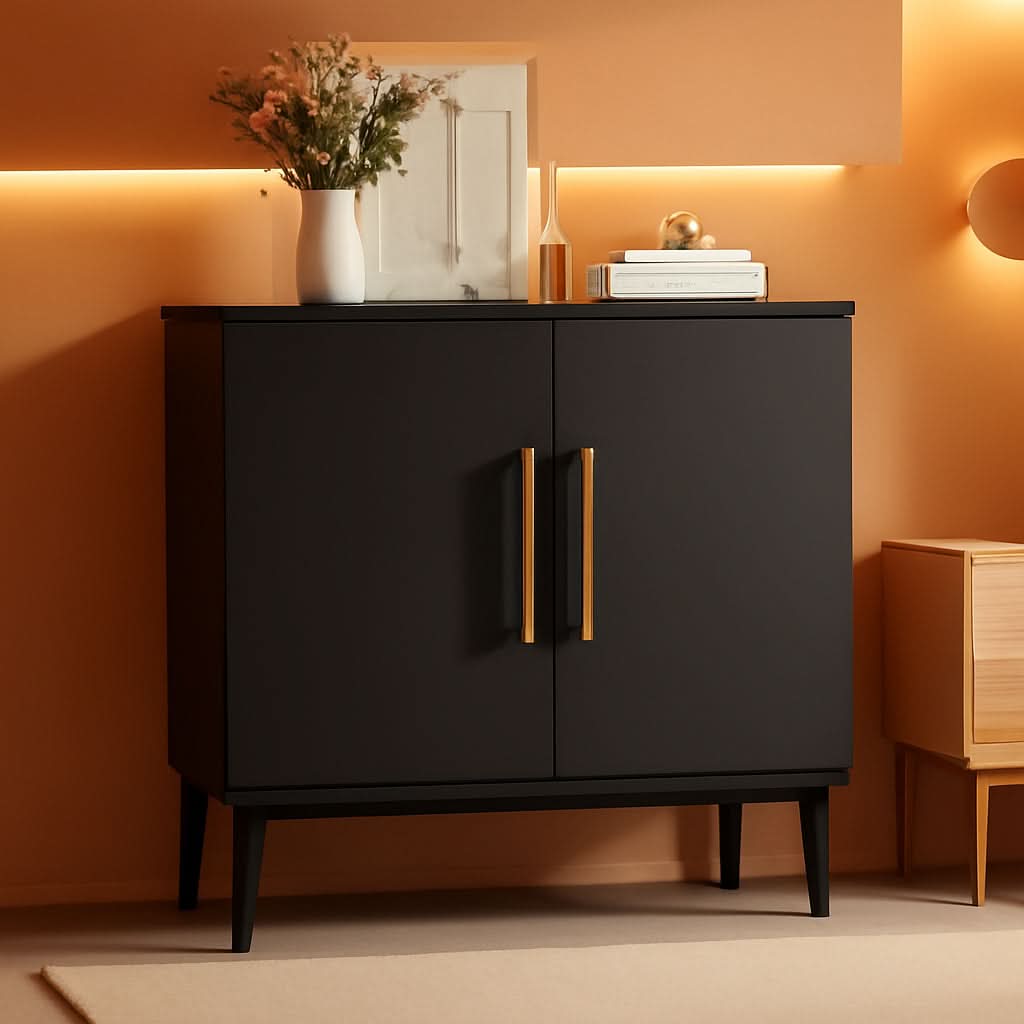 Black modern buffet cabinet with gold hardware, sturdy legs, and ample interior storage shelves