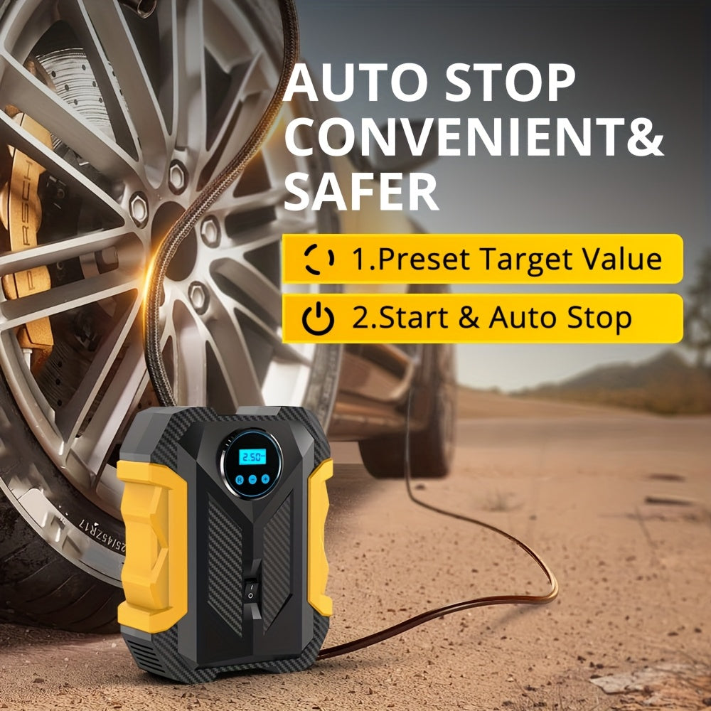 Yellow portable digital tire inflator with 12V car plug and built-in LED light for emergencies — view 3