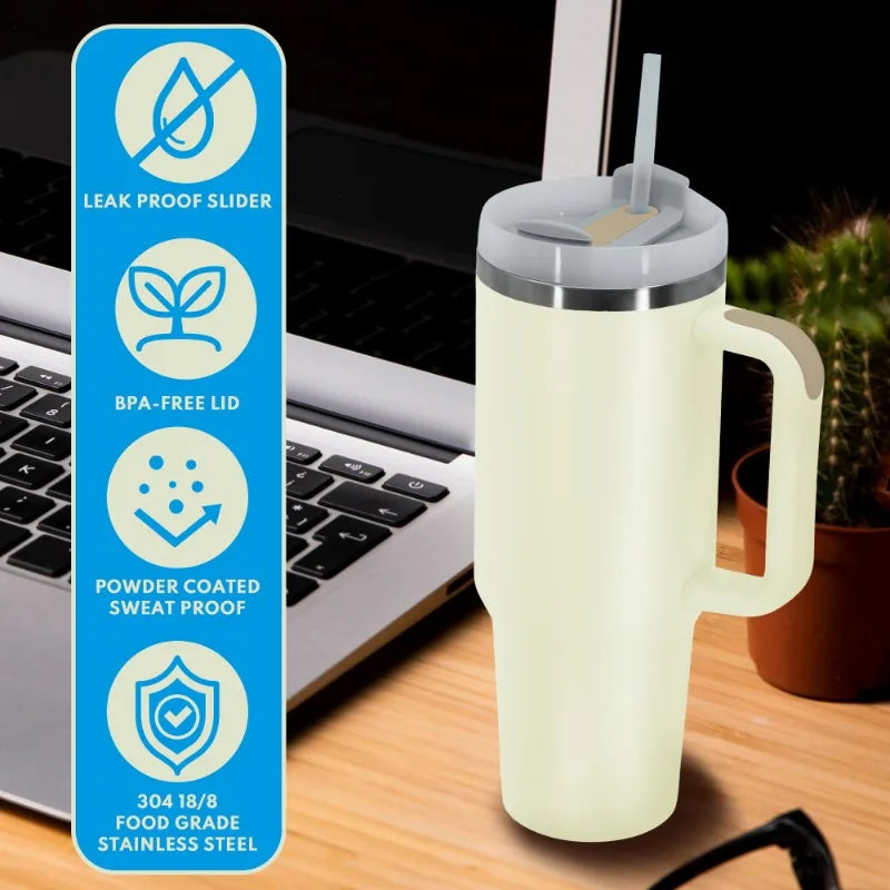 Cream white 40oz stainless steel insulated water bottle tumbler with ergonomic handgrip and vacuum flask design — view 3