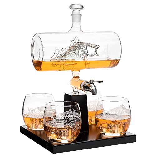 Bass fish shaped whiskey decanter set with mahogany wood stand, spigot, and four etched glasses.