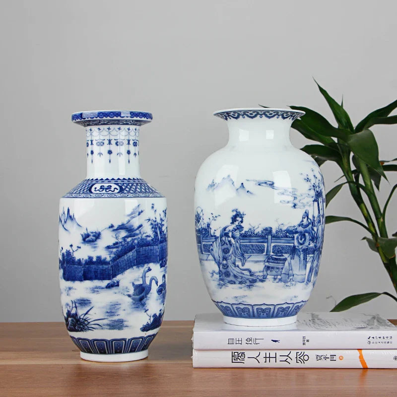 Classic antique blue and white ceramic vase with intricate traditional patterns used for home decor — view 5