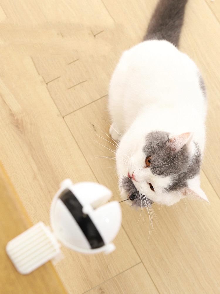 Interactive smart cat toy with automatic lifting motion, white plastic base and rabbit hair teaser attachment — view 2