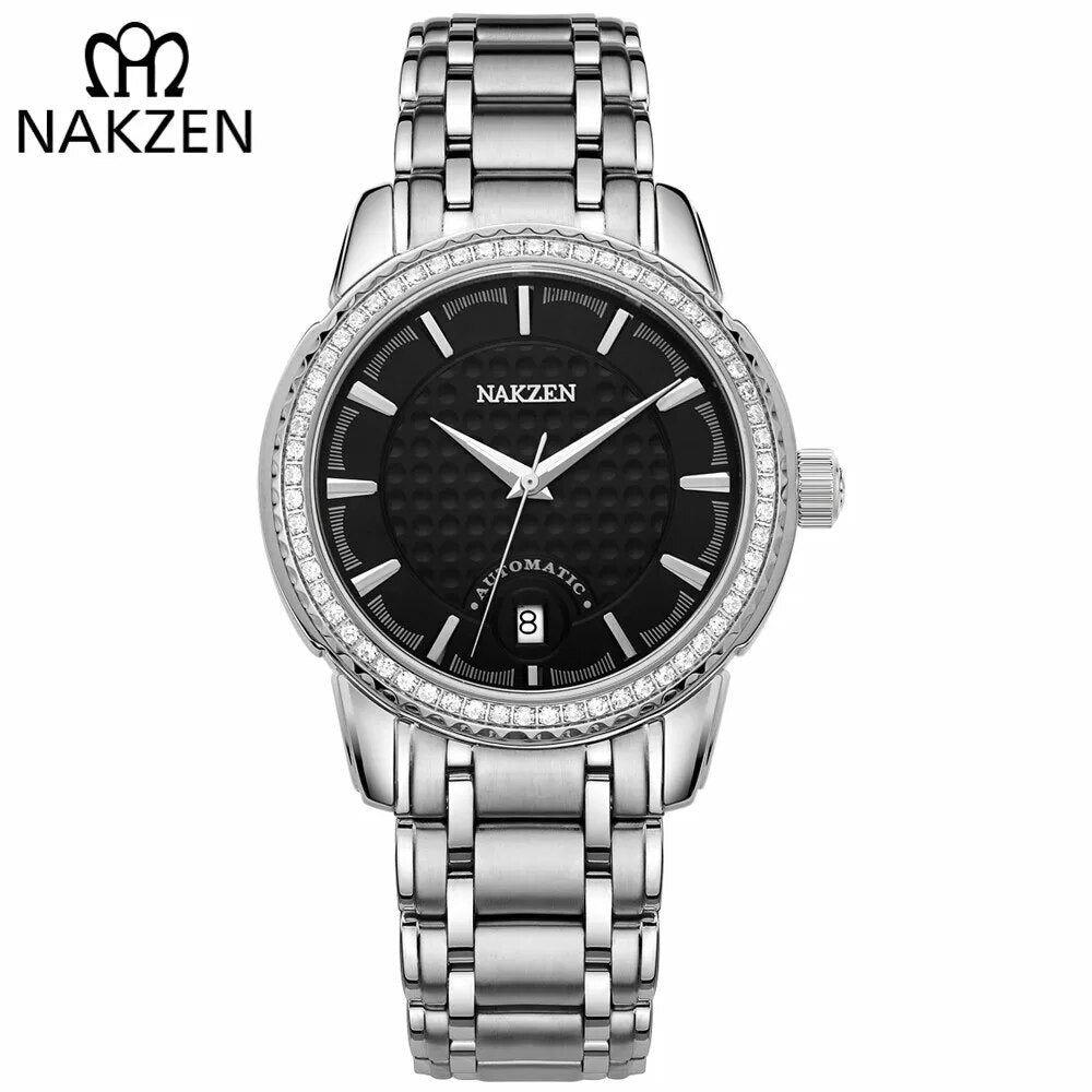 NAKZEN men's mechanical watch, automatic waterproof timepiece with a sapphire crystal and diamond-accented dial