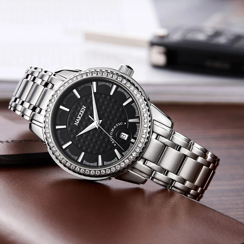 NAKZEN men's mechanical watch, automatic waterproof timepiece with a sapphire crystal and diamond-accented dial — view 6