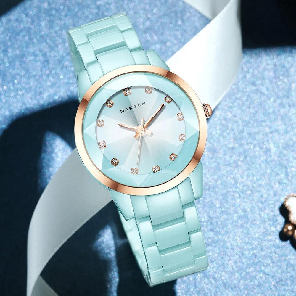 Nakzen colorful ceramic women's watch with an elegant luxury bracelet design and secure clasp
