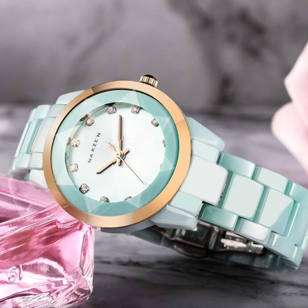 Nakzen colorful ceramic women's watch with an elegant luxury bracelet design and secure clasp — view 2