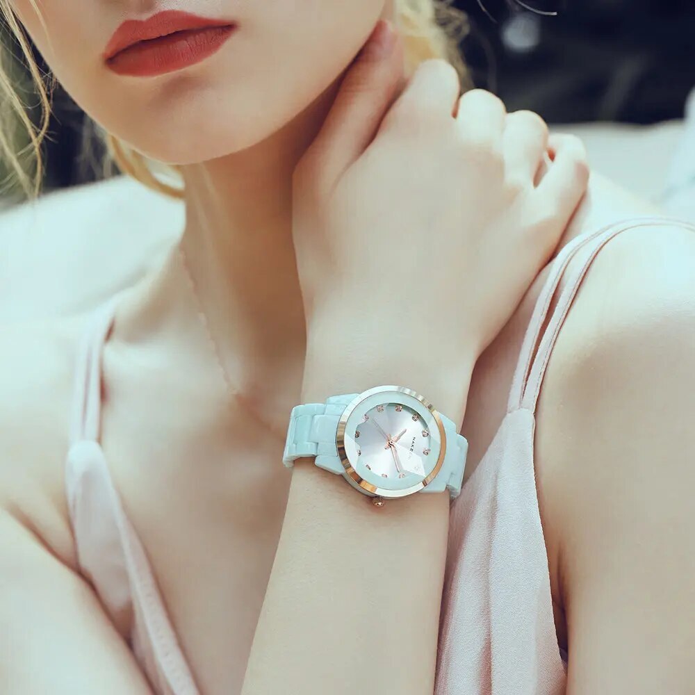 Nakzen colorful ceramic women's watch with an elegant luxury bracelet design and secure clasp — view 5