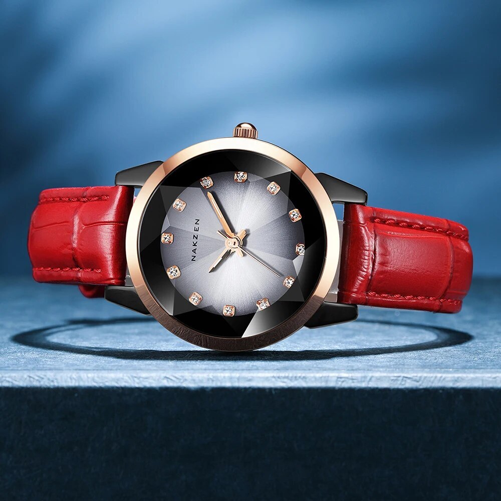 NAKZEN women's luxury quartz watch with black ceramic dial and waterproof leather strap — view 2