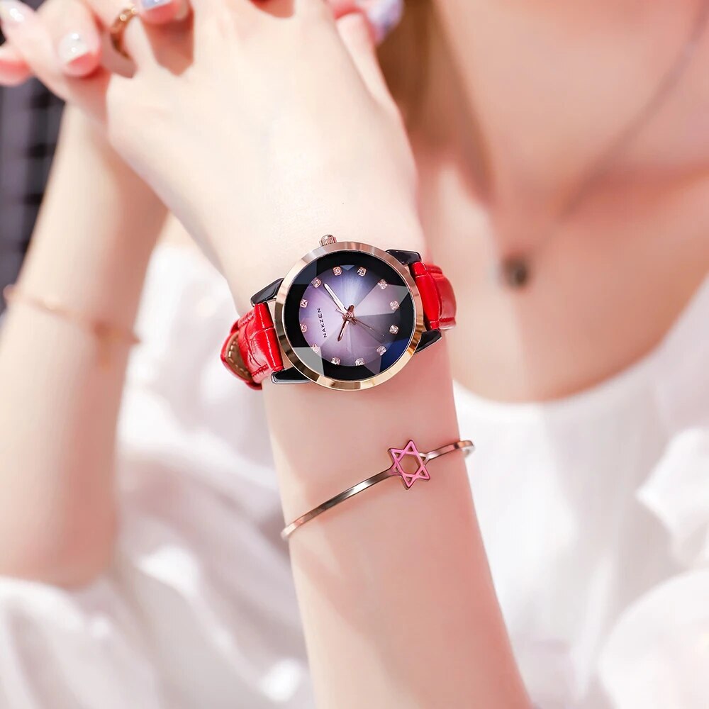 NAKZEN women's luxury quartz watch with black ceramic dial and waterproof leather strap — view 3