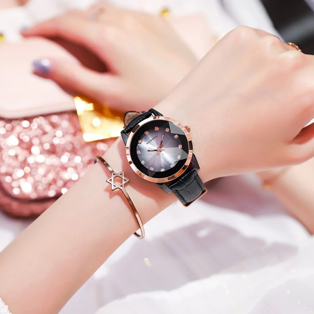 NAKZEN women's luxury quartz watch with black ceramic dial and waterproof leather strap — view 4