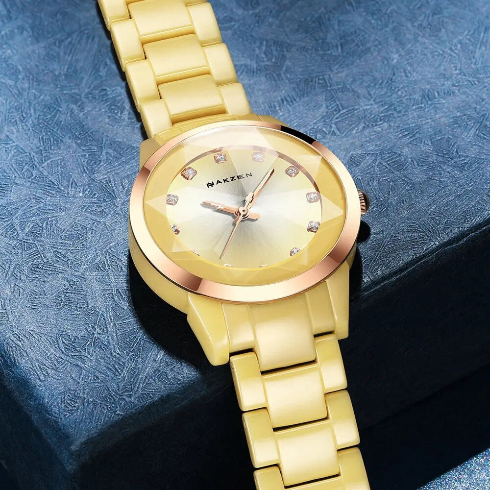 Nakzen colorful ceramic women's watch with an elegant luxury bracelet design and secure clasp — view 4