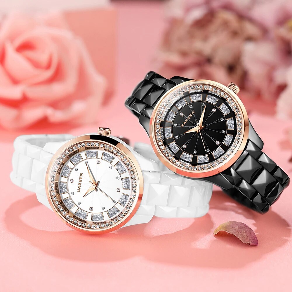 NAKZEN ladies quartz watch featuring a white ceramic bracelet, round dial, and luxury diamond accents