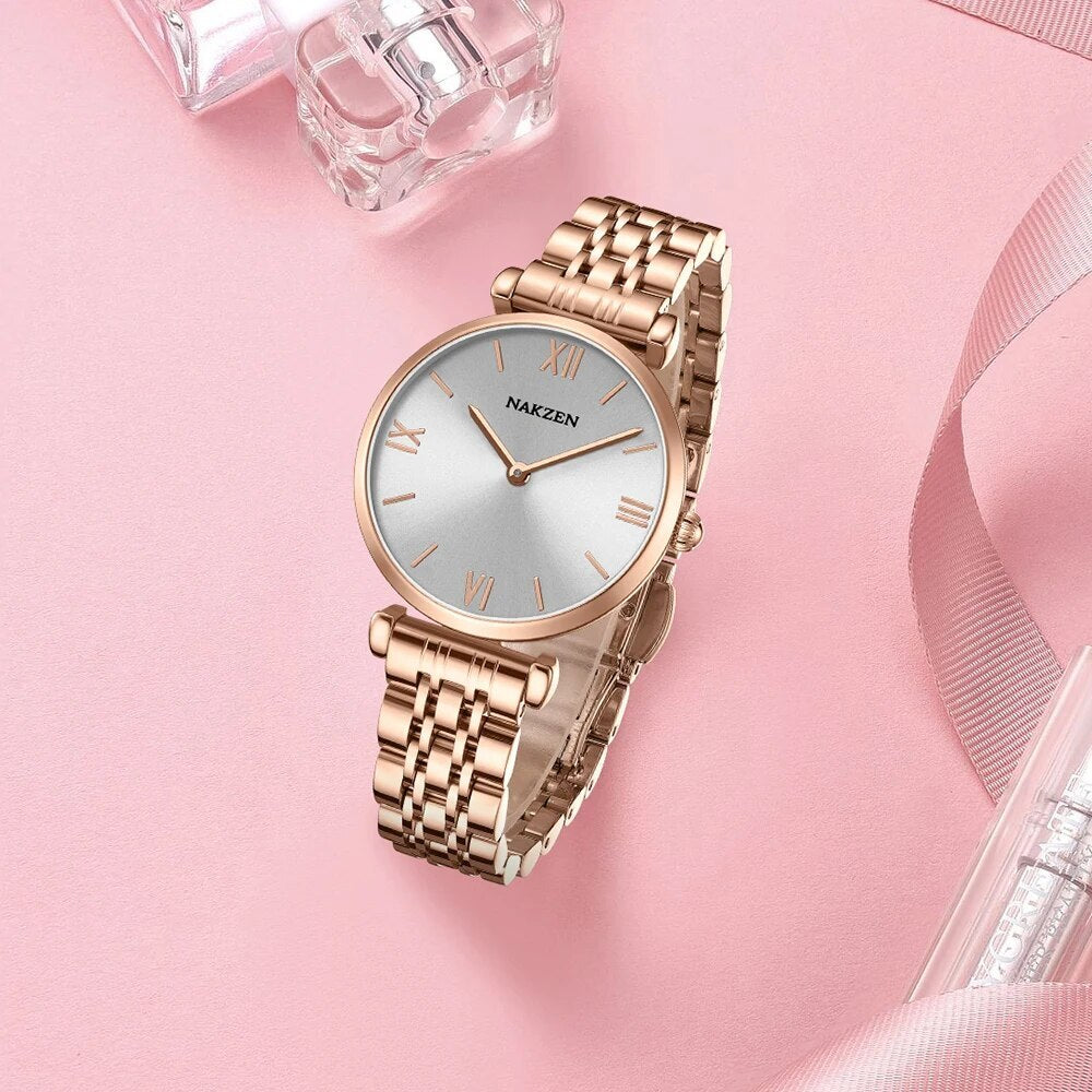 Nakzen luxury crystal women's watch in rose gold stainless steel with waterproof design — view 2