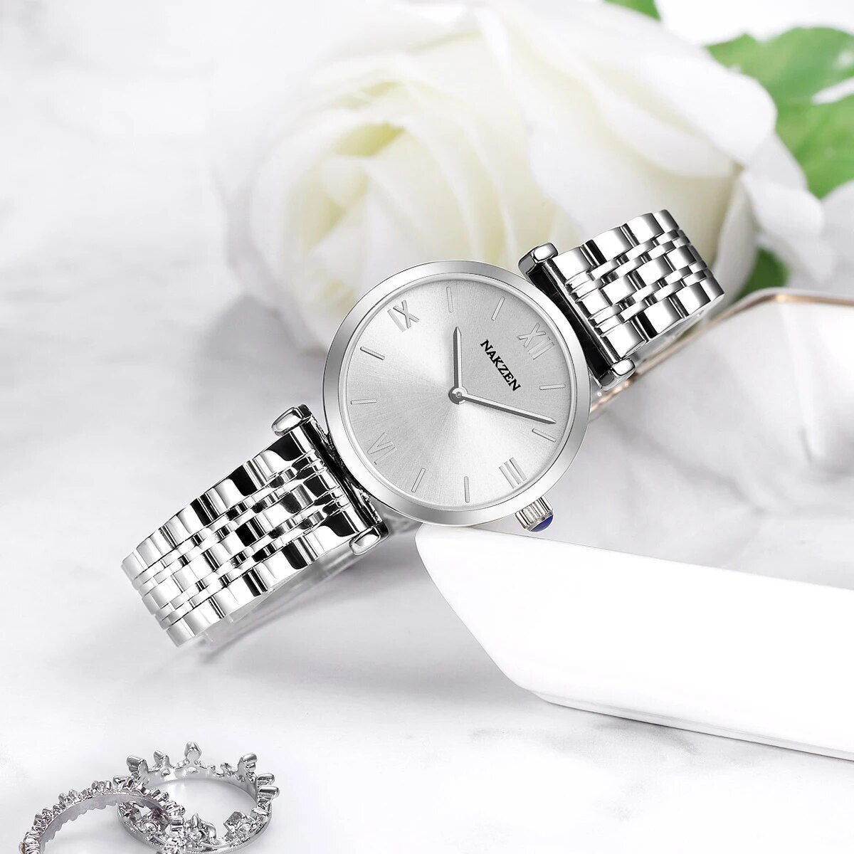 Nakzen luxury crystal women's watch in rose gold stainless steel with waterproof design — view 5