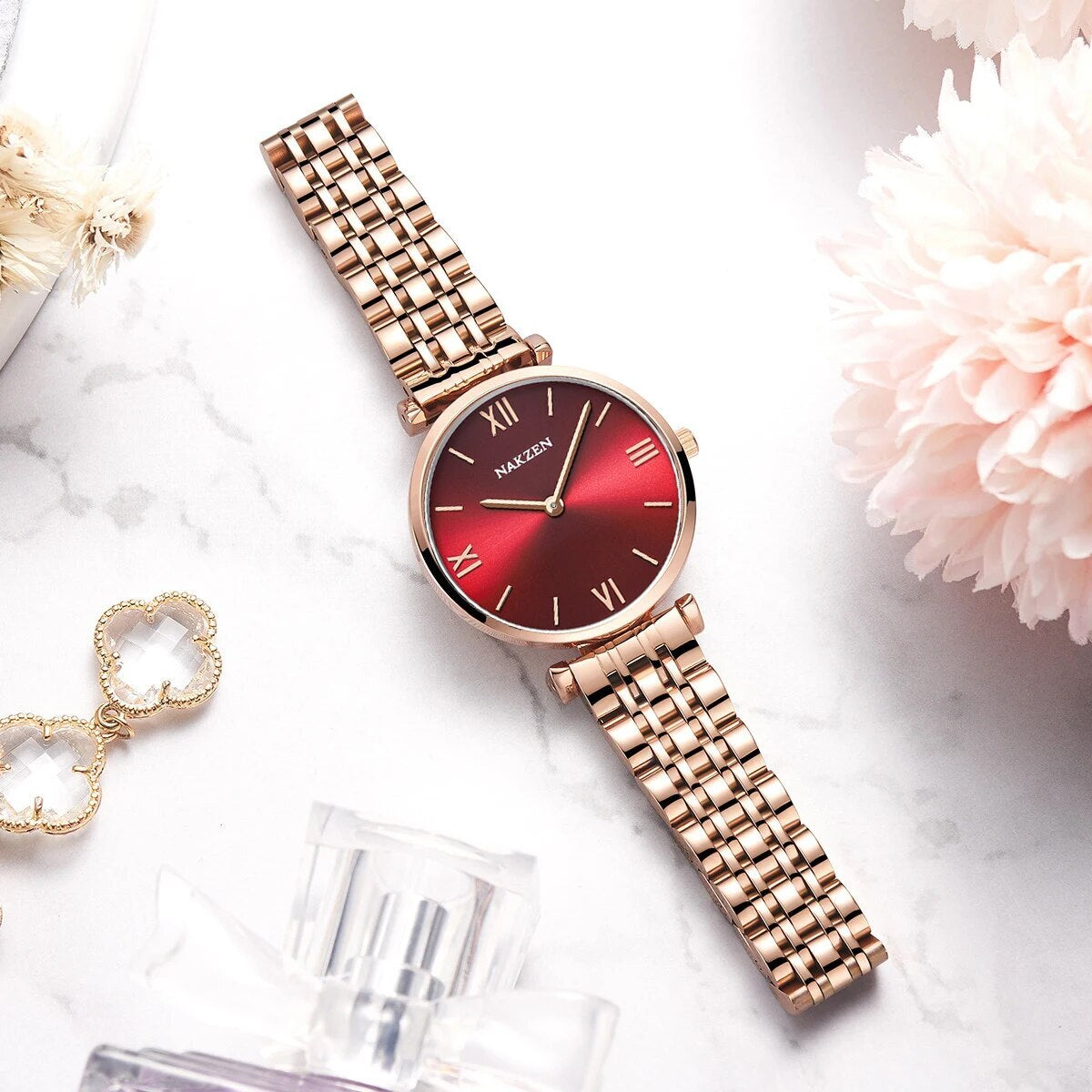 Nakzen luxury crystal women's watch in rose gold stainless steel with waterproof design — view 3