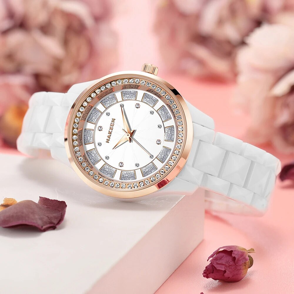 NAKZEN ladies quartz watch featuring a white ceramic bracelet, round dial, and luxury diamond accents — view 2