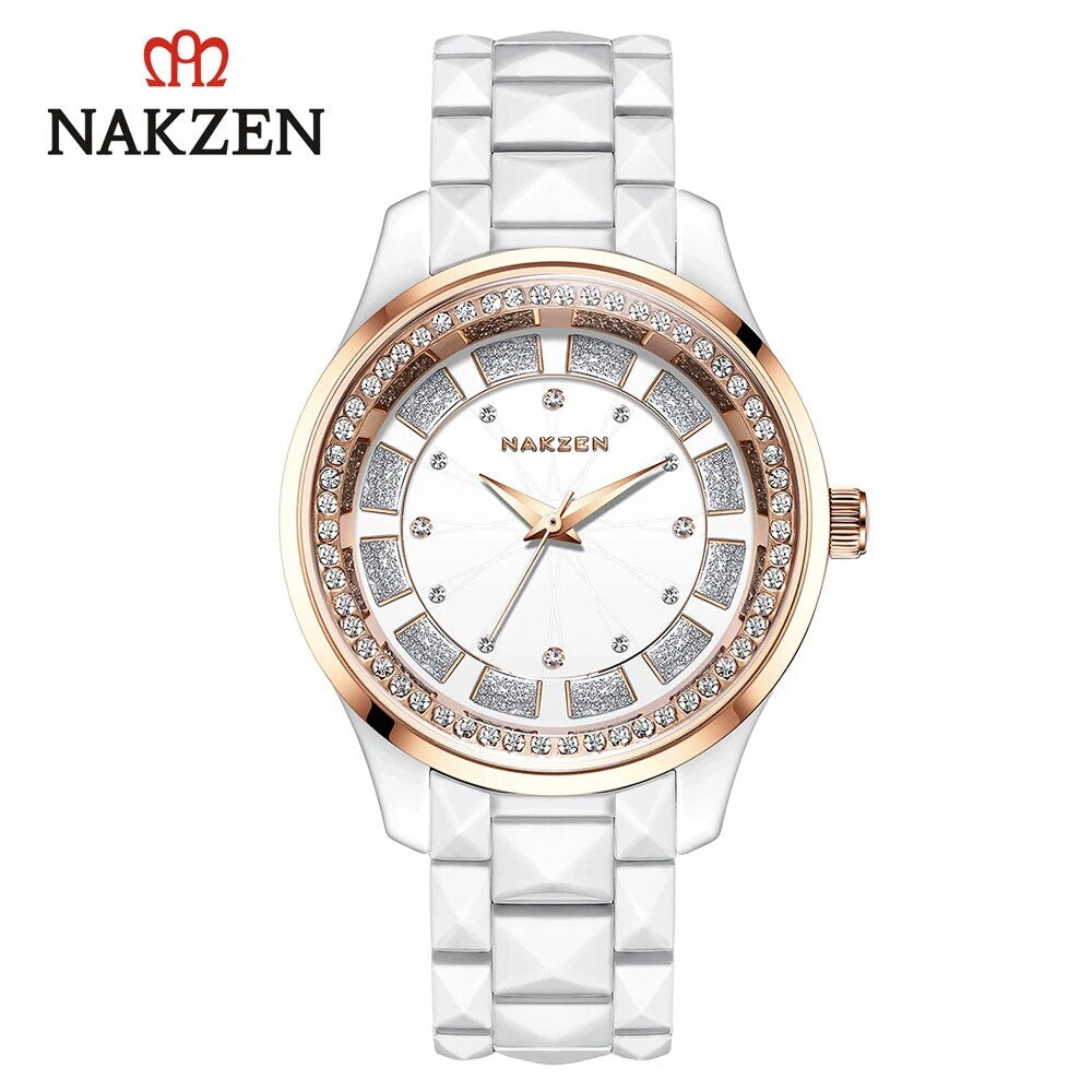 NAKZEN ladies quartz watch featuring a white ceramic bracelet, round dial, and luxury diamond accents — view 6