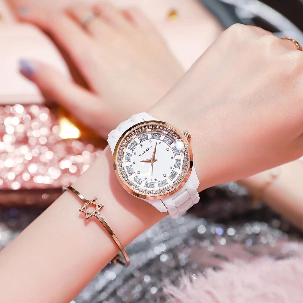 NAKZEN ladies quartz watch featuring a white ceramic bracelet, round dial, and luxury diamond accents — view 3