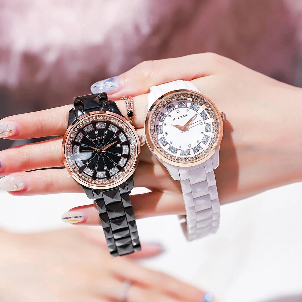 NAKZEN ladies quartz watch featuring a white ceramic bracelet, round dial, and luxury diamond accents — view 4