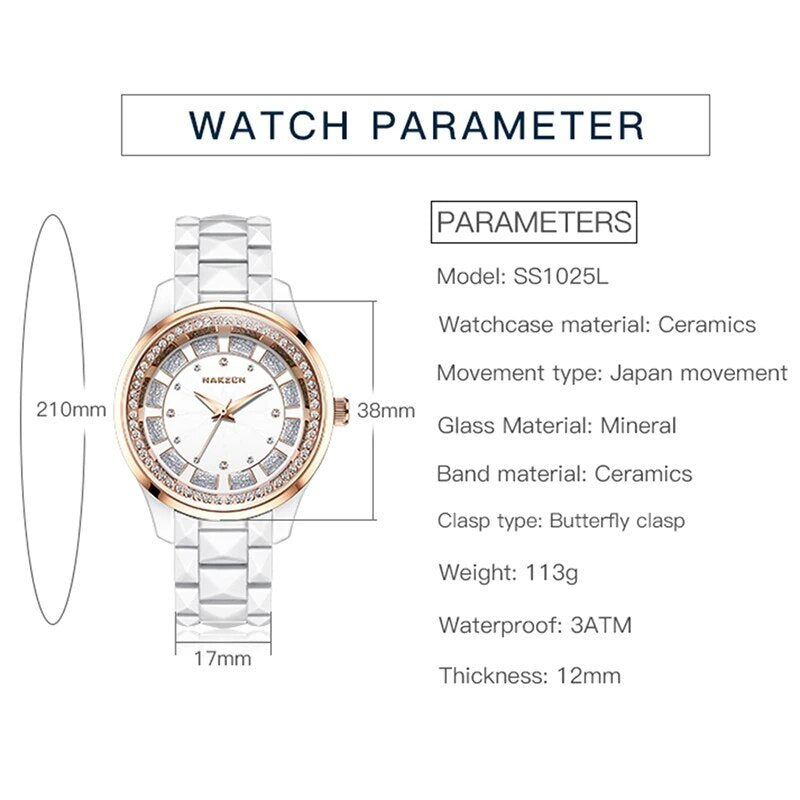 NAKZEN ladies quartz watch featuring a white ceramic bracelet, round dial, and luxury diamond accents — view 5