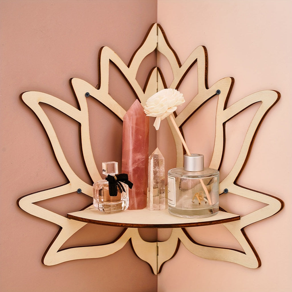 Lotus wall-mounted display rack, painted wooden shelf for small home decor and art pieces — view 4