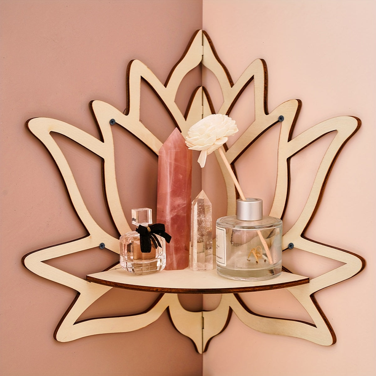 Lotus wall-mounted display rack, painted wooden shelf for small home decor and art pieces — view 4