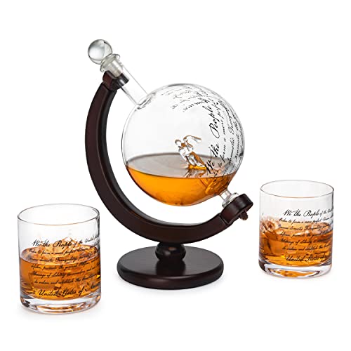 Lady justice whiskey decanter set with two glasses, etched US constitution text on clear glass