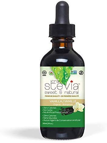 Two 30ml bottles of organic vanilla liquid stevia drops sweetener for coffee and tea — view 2
