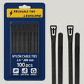 Black reusable nylon cable ties with hook and loop fasteners in a 100 piece pack